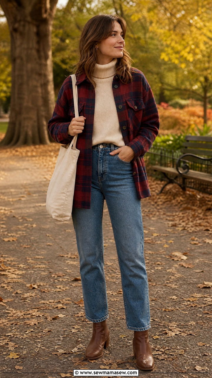 Plaid Shacket And Turtleneck With Straight Leg Jeans - 35 jacket outfits