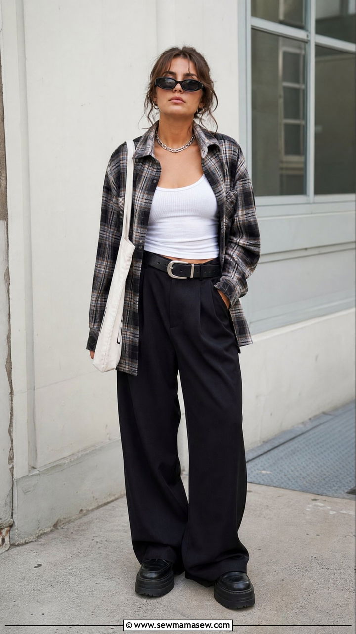 Plaid Shacket And Wide Leg Trousers Combination - 25 Grunge outfit ideas 2026