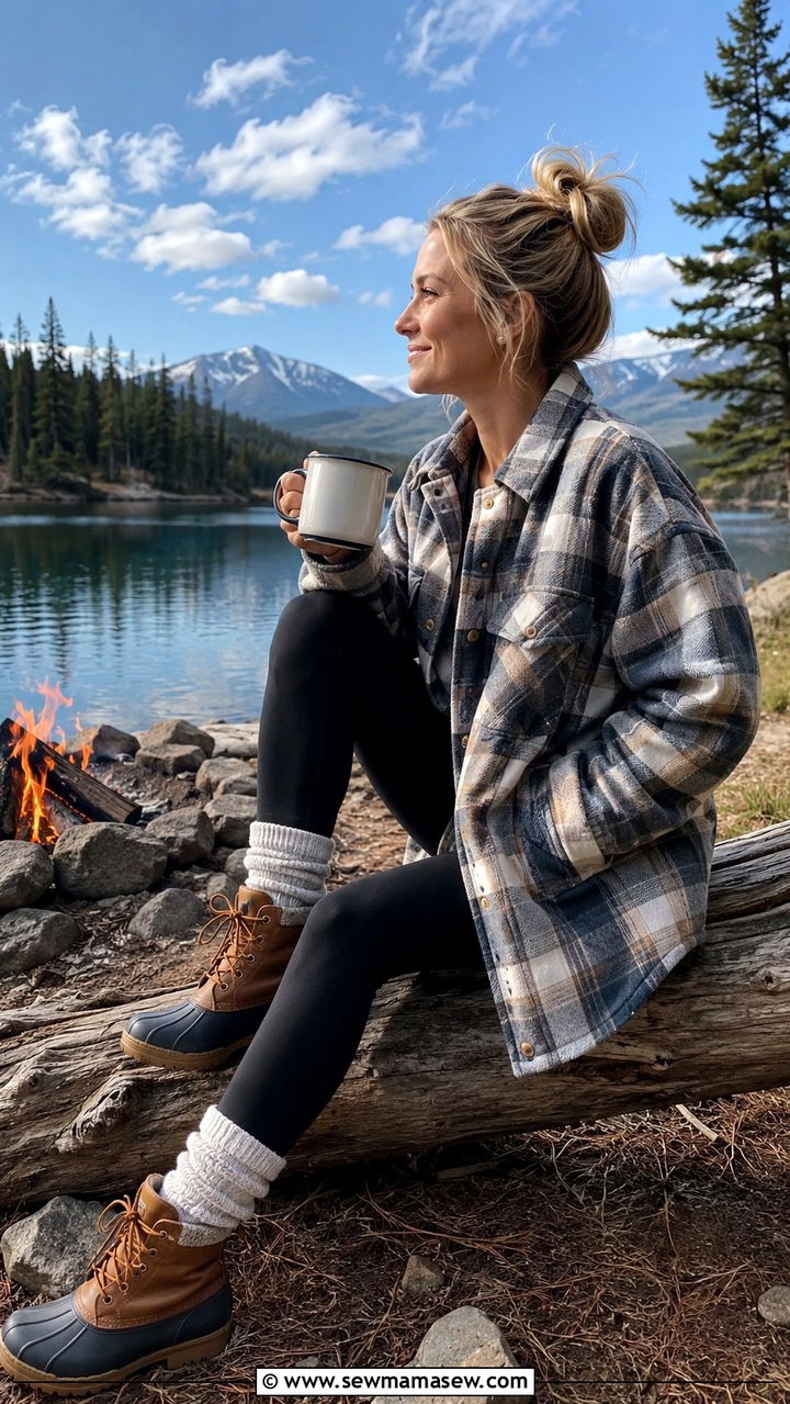 Plaid Shacket Black Leggings Duck Boots Spring Camping - 30 Spring camping trip outfits