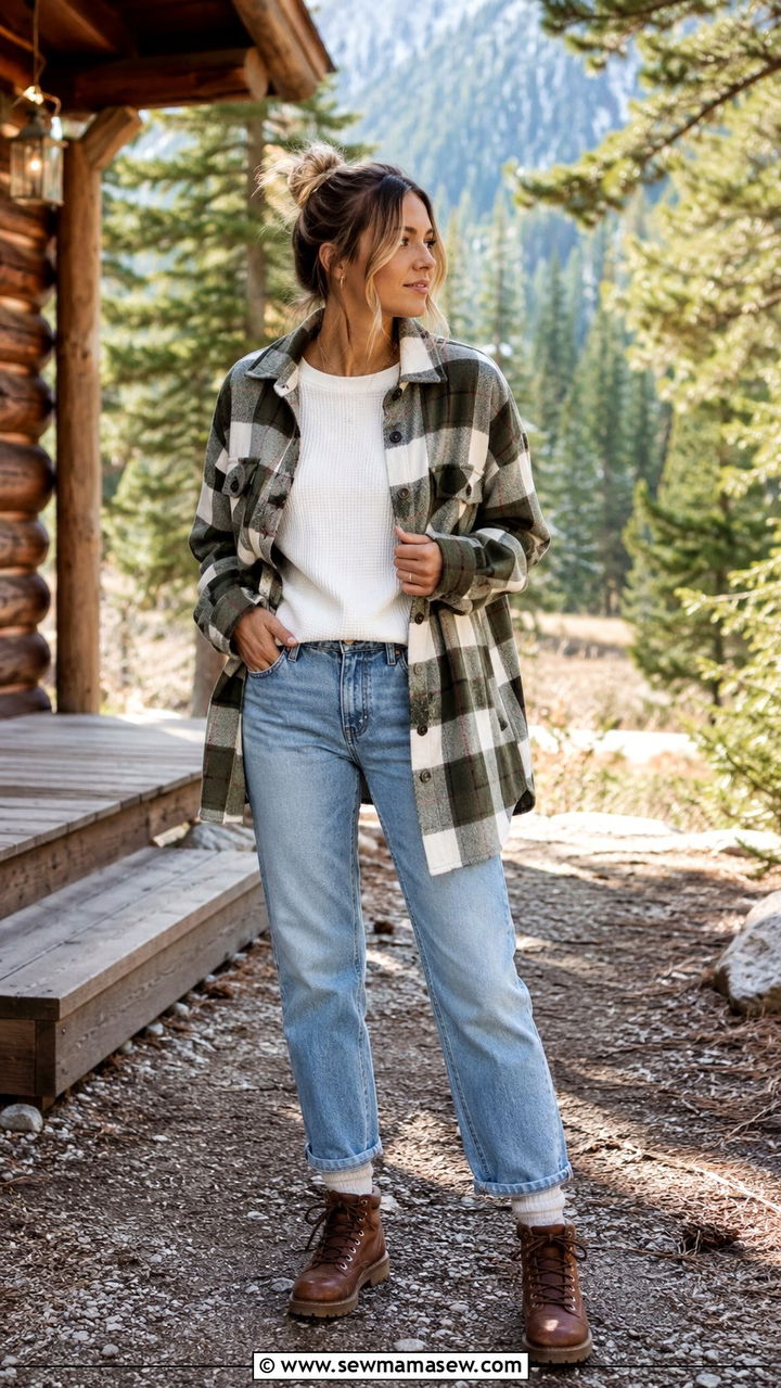 Plaid Shacket Outfit with Straight Leg Jeans and Hiking Boots - 30 Spring cabin weekend outfits