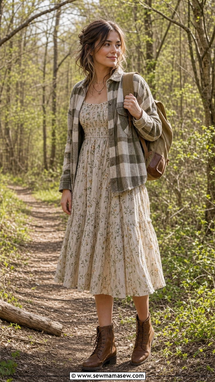 Plaid Shacket Over Floral Midi Dress Outfit - 25 Spring cottagecore outfits 2026