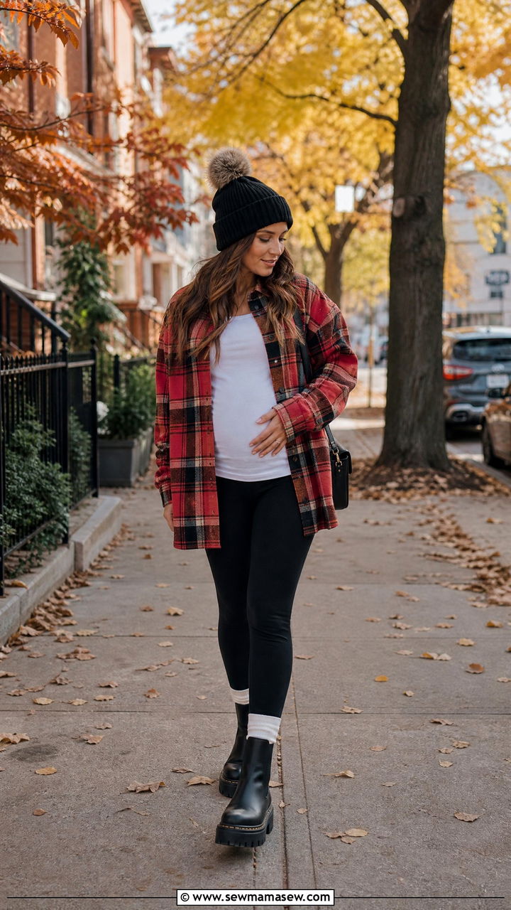 Plaid Shacket Over Leggings First Trimester Outfit - 25 First trimester outfit ideas