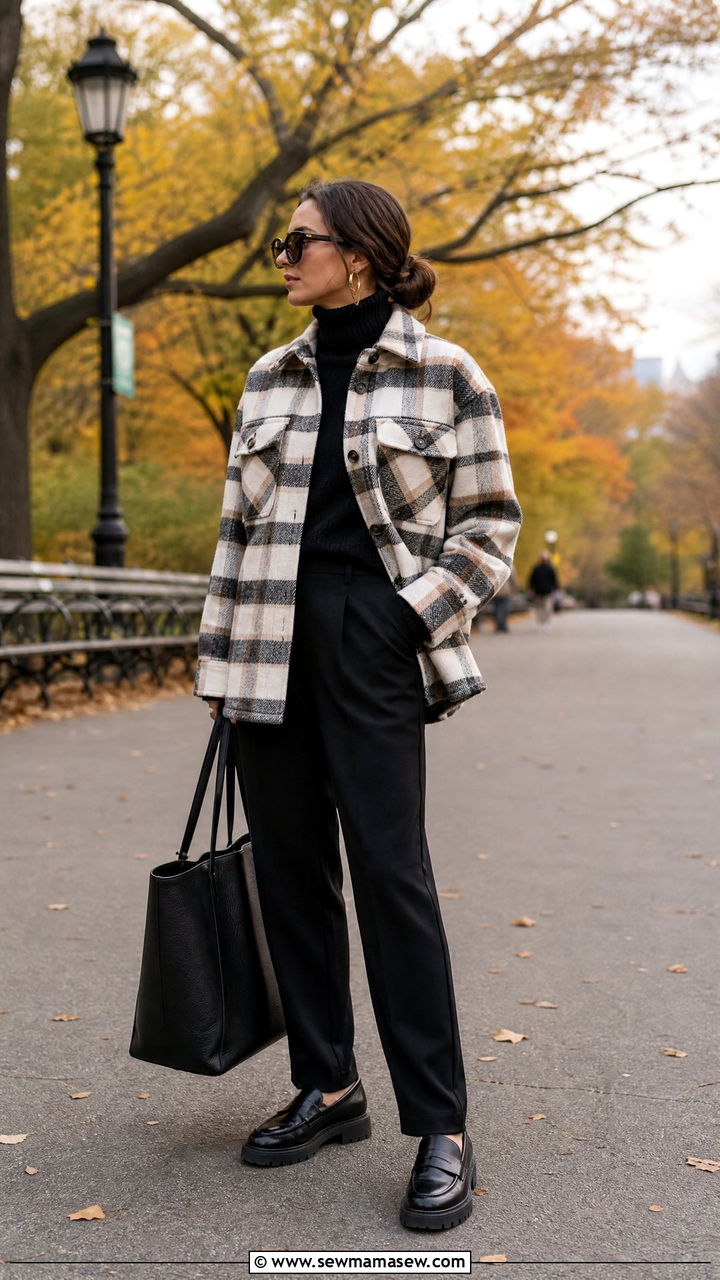 Plaid Shacket Over Turtleneck And Trousers - 25 casual outfits for modest women