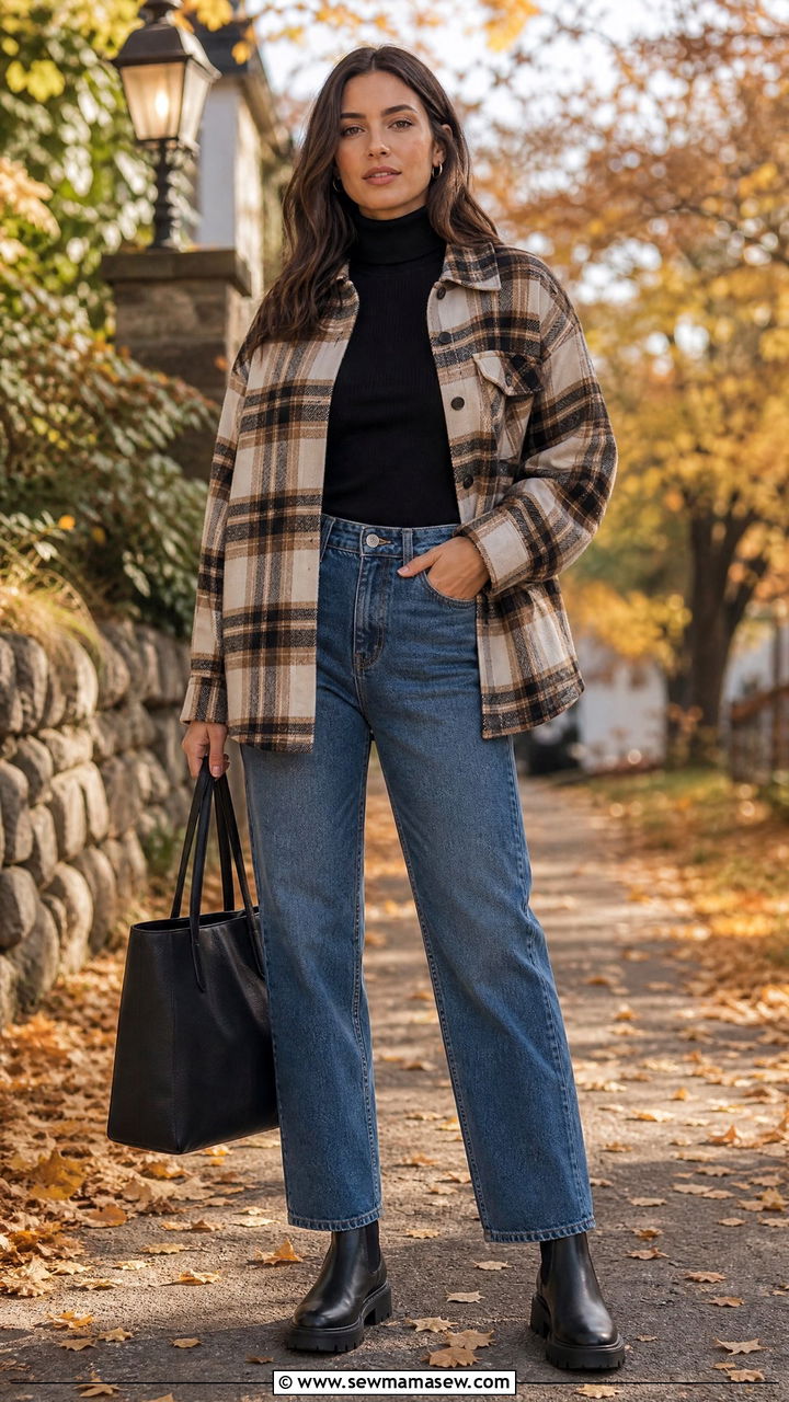 Plaid Shacket Over a Thin Turtleneck and Straight Leg Jeans - 30 Cool morning warm afternoon outfits