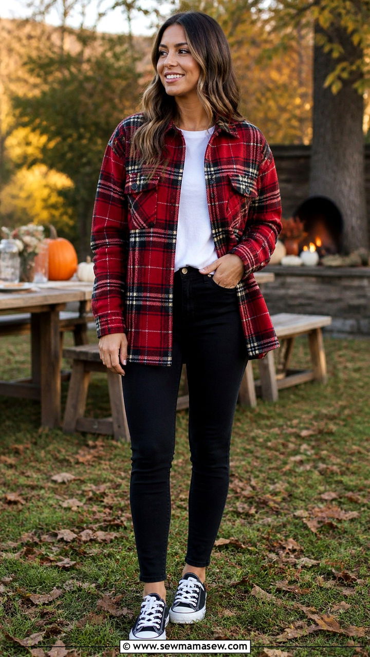 Plaid Shacket With Black Jeans And Canvas Sneakers - 40 cute sneaker outfits