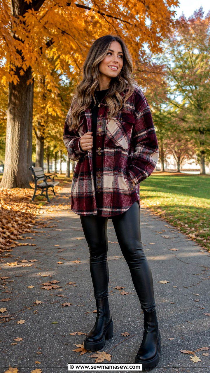 Plaid Shacket With Black Leggings and Lug Sole Boots - 40 cute jacket outfits