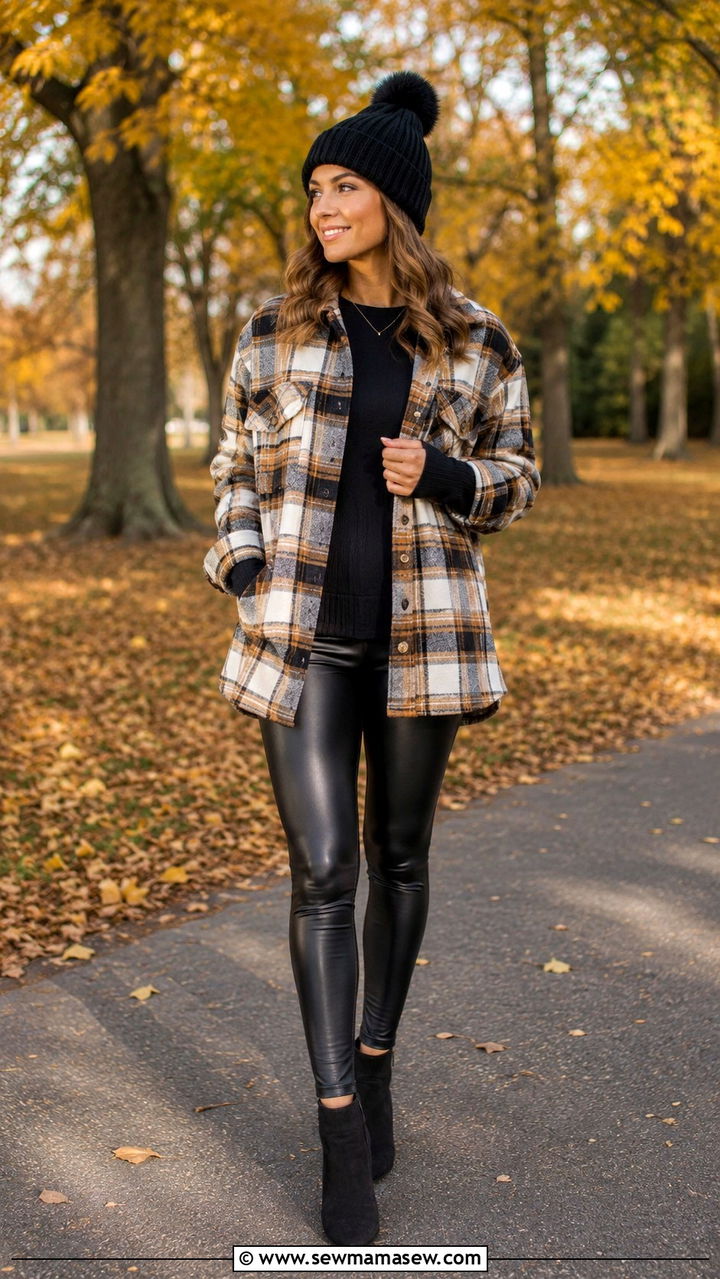 Plaid Shacket With Leggings and Ankle Boots - 30 Light jacket weather outfit ideas