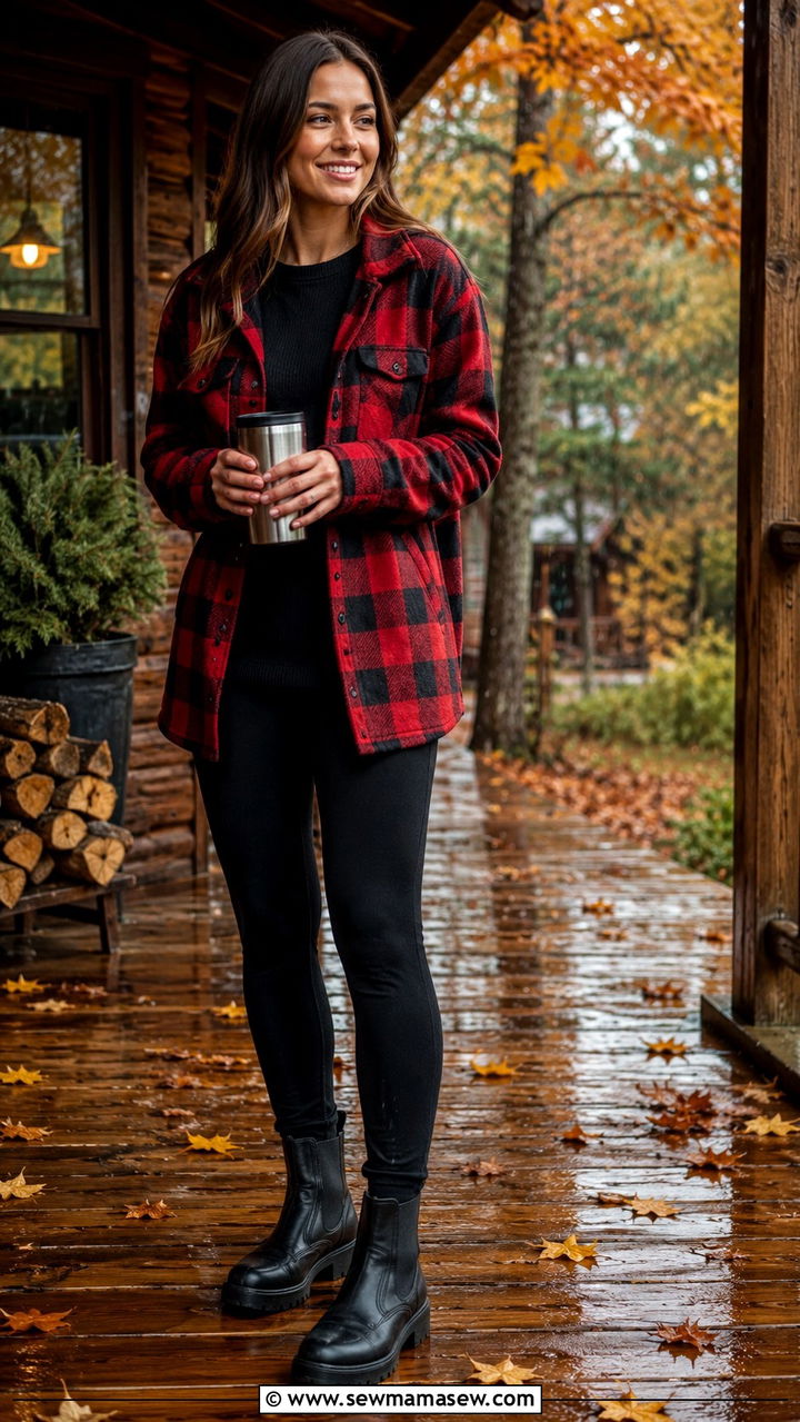 Plaid Shacket With Thermal Top And Fleece Lined Leggings - 30 Rainy day travel outfit ideas