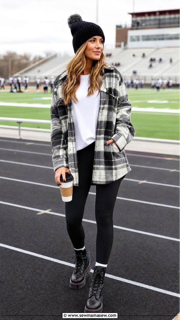 Plaid Shacket and Black Leggings Outfit - 25 Football game outfit ideas mom