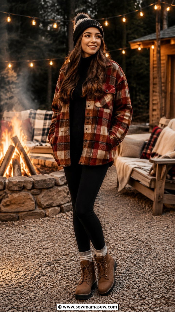 Plaid Shacket and Black Turtleneck with Leggings - 30 Trendy outfits for 17 year olds