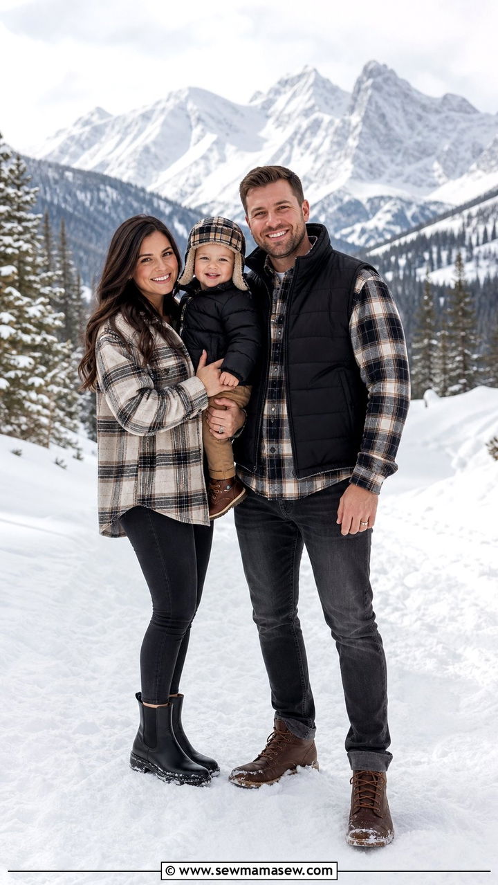 Plaid Shacket and Denim Family Outfit With Toddler Puffer - 25 Family photo outfit ideas with toddler