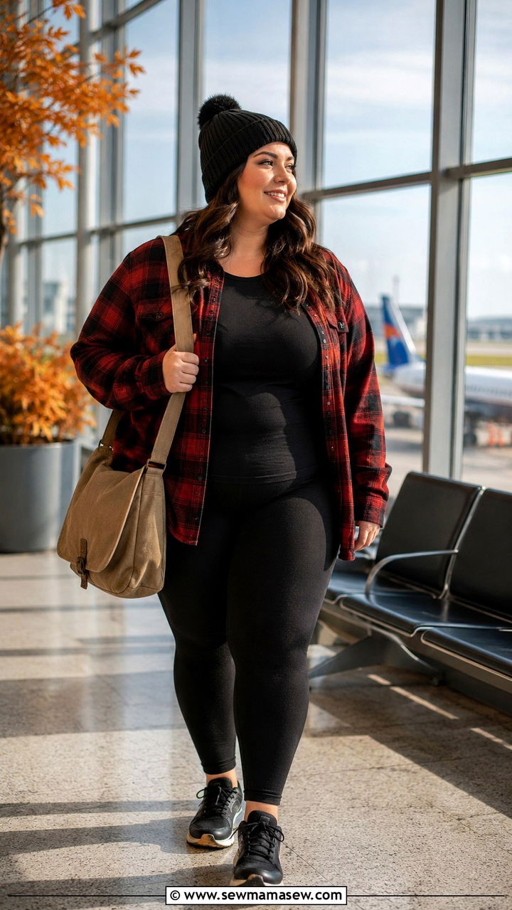 Plaid Shacket and Thermal Leggings Travel Outfit Curvy - 25 Travel outfit ideas curvy women