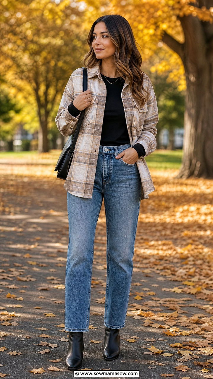 Plaid Shacket with Black Base Layer and Straight Leg Jeans - 25 casual classy outfits