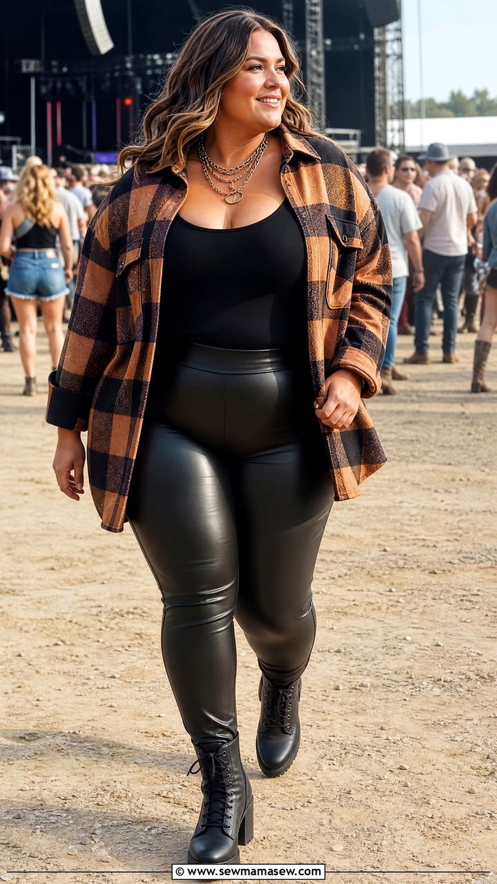 Plaid Shacket with Faux Leather Leggings and Chunky Boots - 30 Country concert outfit ideas plus size