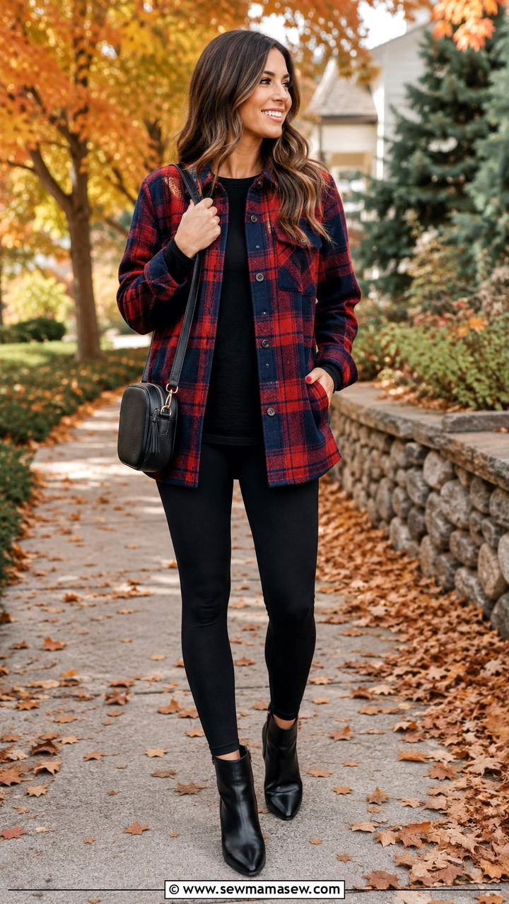 Plaid Shacket with Leggings and Ankle Boots - 20 Loungewear outfit ideas school run