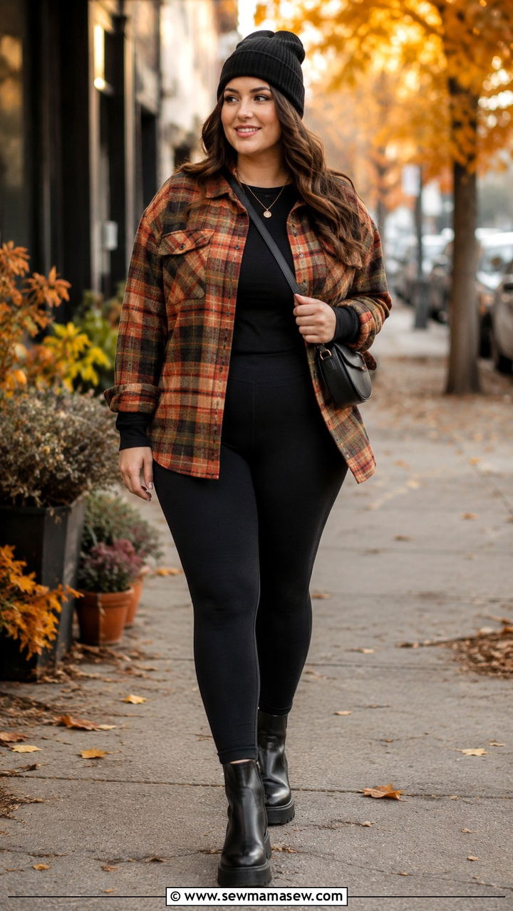 Plaid Shacket with Leggings and Ankle Boots - 30 casual outfits for midsize women