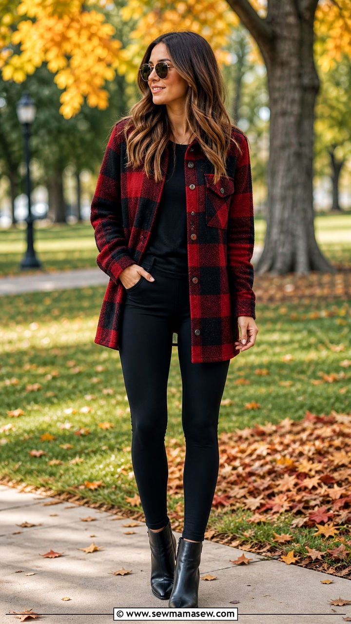 Plaid Shacket with Leggings and Ankle Boots - 40 casual jacket outfits