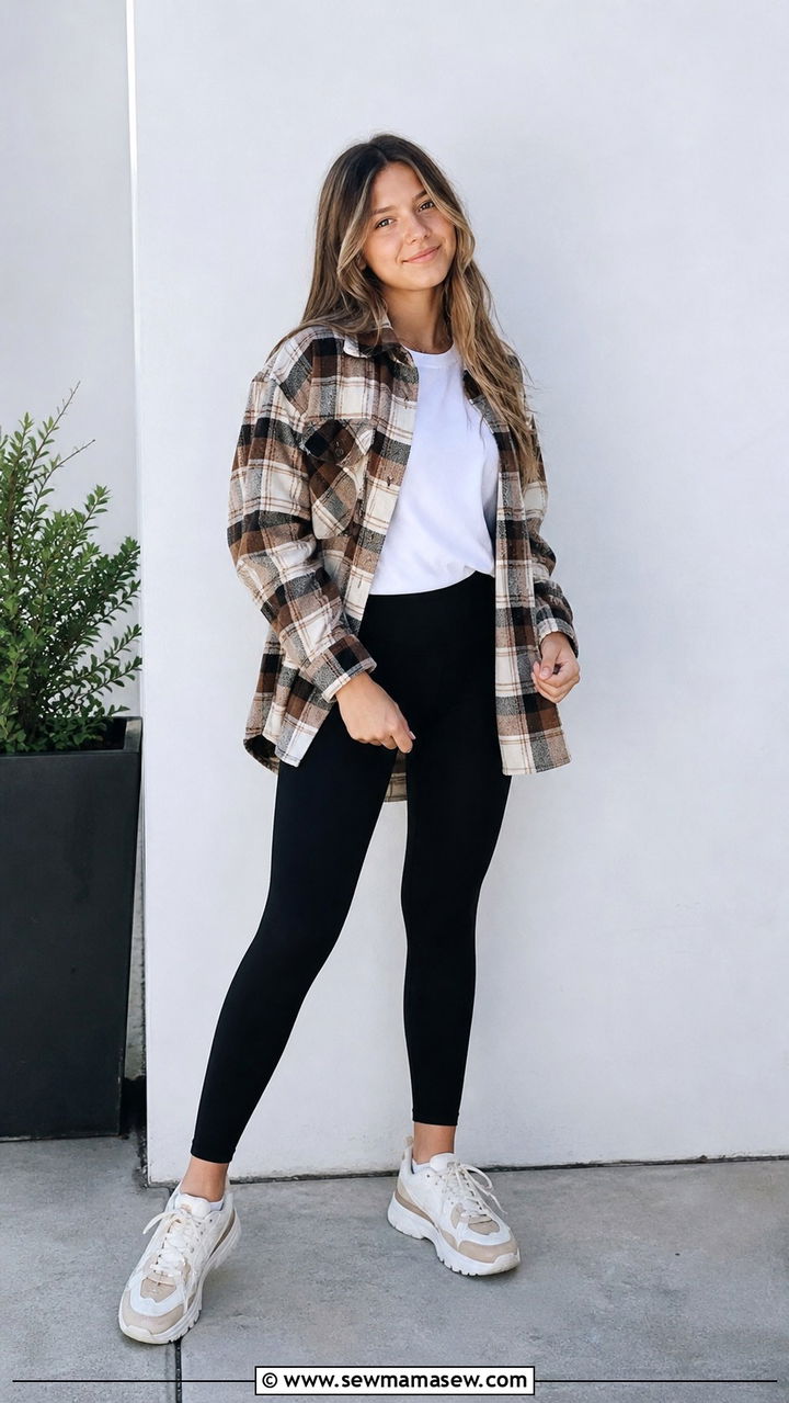 Plaid Shacket with Leggings and Chunky Sneakers - 40 back to school outfits ideas