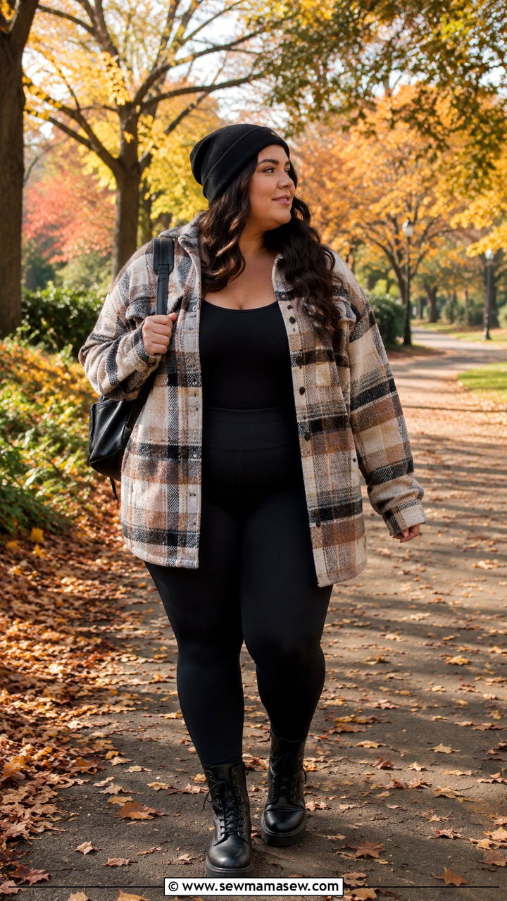 Plaid Shacket with Leggings and Combat Boots - 30 Plus size outfit ideas with leggings