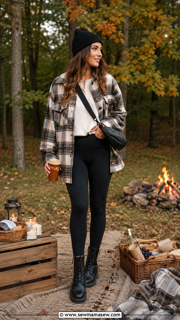 Plaid Shacket with Leggings and Combat Boots - 30 Picnic outfit ideas