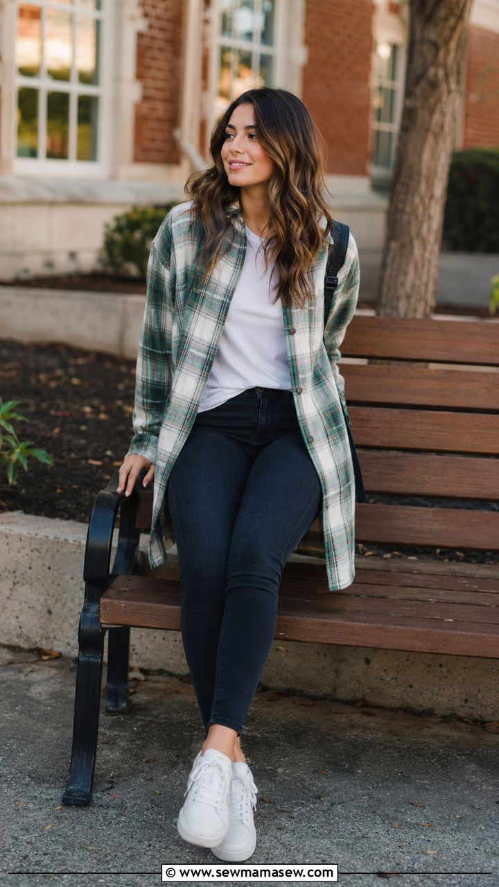 Plaid Shacket with T Shirt and Skinny Jeans Outfit - 30 classy back to school outfits