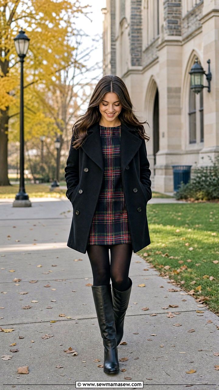 Plaid Shift Dress With Dark Opaque Tights - 25 Shift dress outfit ideas with tights