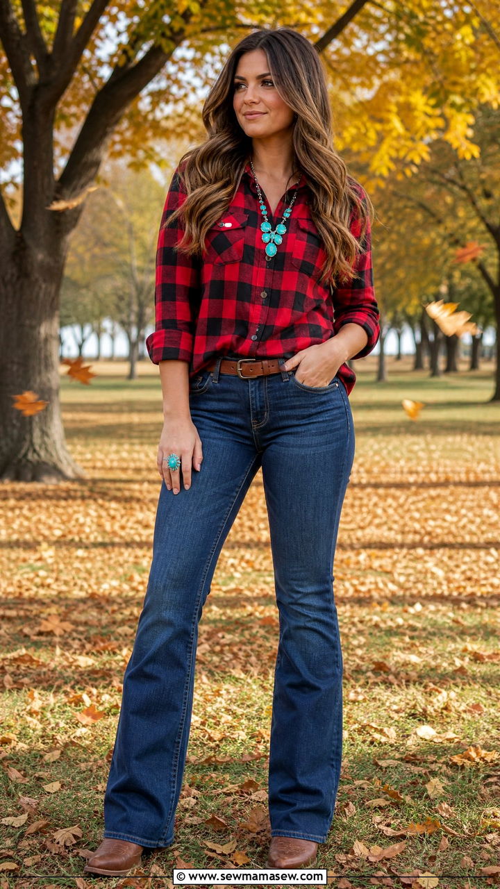 Plaid Shirt And Bootcut Jeans With Turquoise Ring - 20 Western outfit ideas with turquoise jewelry