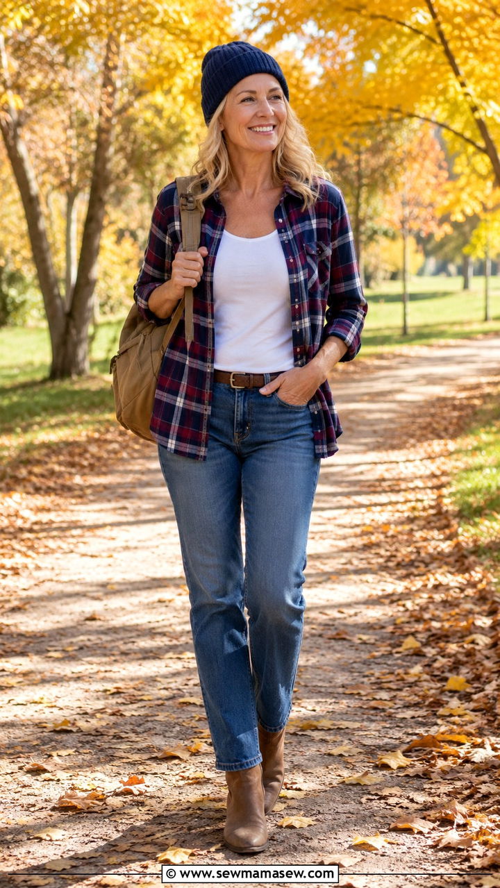 Plaid Shirt And Jeans Over 50 Casual Outfit - 30 Outfit ideas for women over 50 school drop off