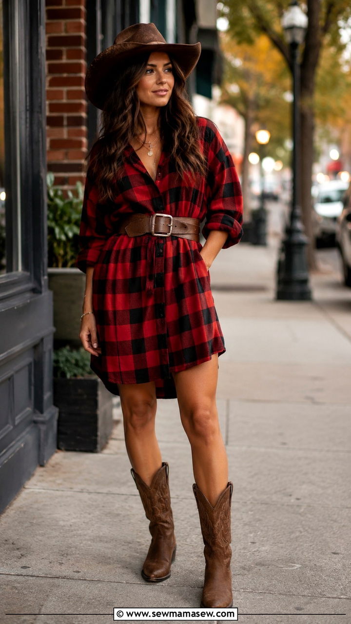 Plaid Shirt Dress With Belt and Boots - 30 Nashville outfit ideas for women
