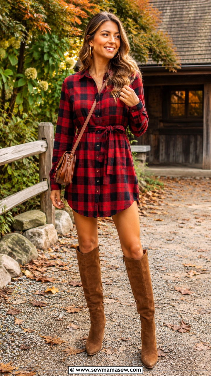 Plaid Shirt Dress With Knee High Boots - 30 shirt dress outfit ideas