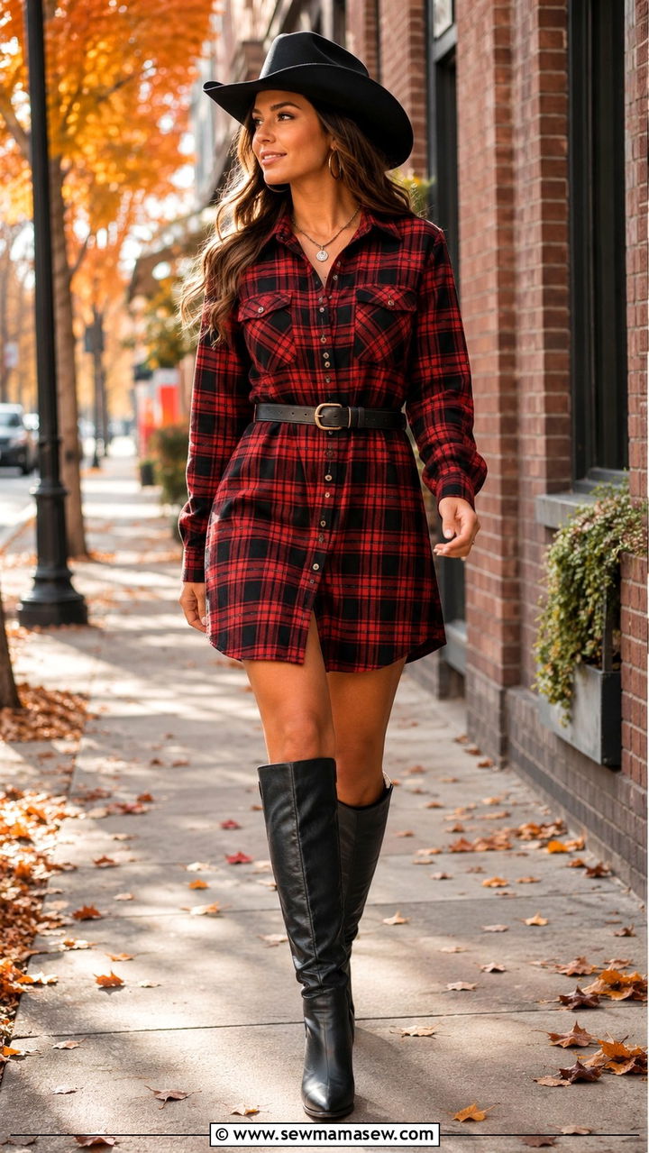 Plaid Shirt Dress With Knee High Boots and Hat - 25 Western outfit ideas with hat