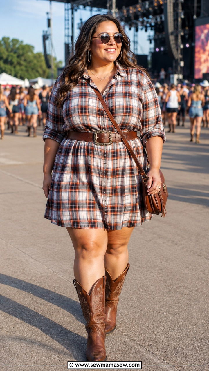 Plaid Shirt Dress With Western Boots And Belt - 30 Plus size concert outfit ideas