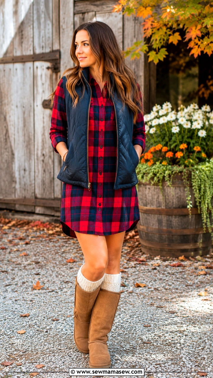 Plaid Shirt Dress with Classic Tall Uggs Outfit - 25 Uggs with dress outfit ideas