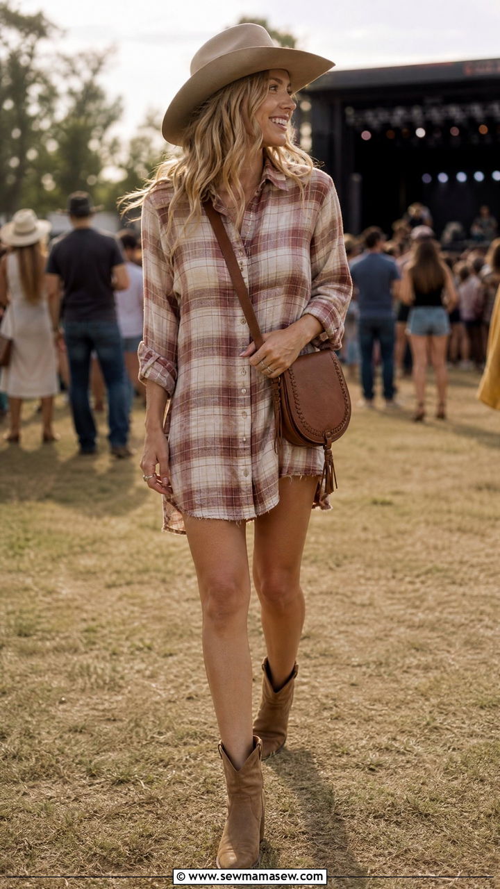 Plaid Shirt Dress with Cowboy Hat - 30 Country concert outfit ideas spring