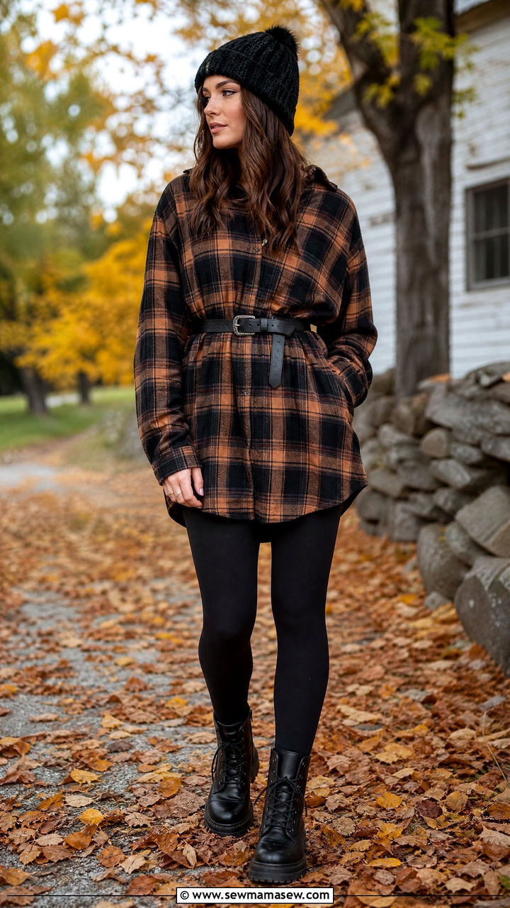 Plaid Shirt Dress with Leggings and Combat Boots - 35 grunge outfit ideas for women