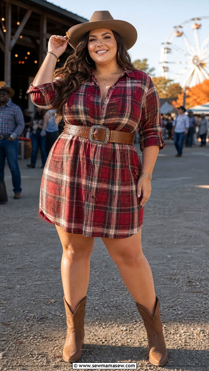Plaid Shirt Dress with Western Belt - 30 Country concert outfit ideas plus size