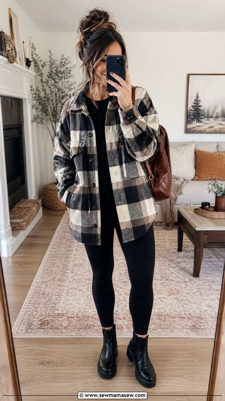 Plaid Shirt Jacket and Black Leggings Outfit - 35 Cool mom outfit ideas