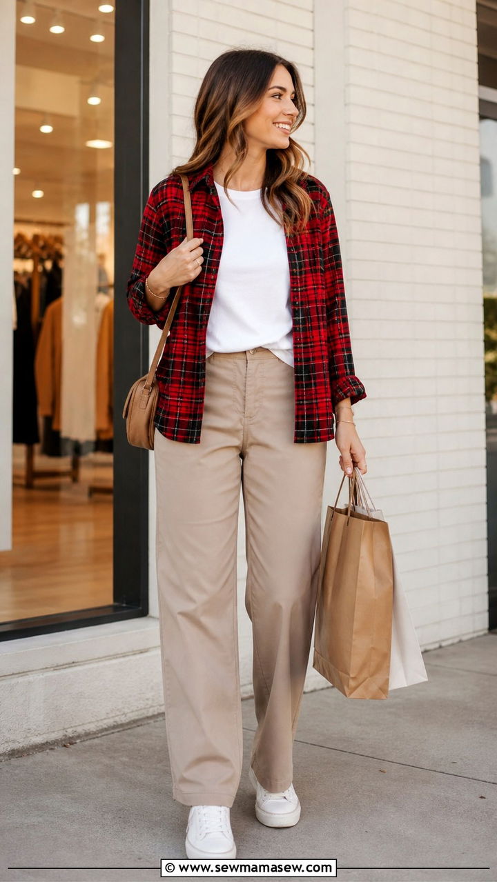 Plaid Shirt Open Over Tee And Relaxed Pants Shopping Outfit - 40 Shopping outfit ideas
