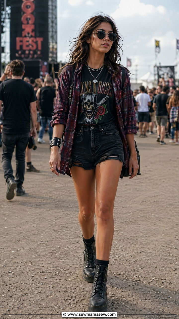 Plaid Shirt Over Band Tee with Denim Shorts - 35 festival outfits inspo