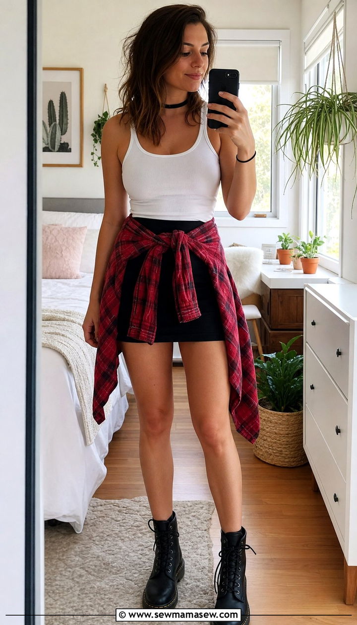 Plaid Shirt Tied Around the Waist with Combat Boots - 25 spring 90s outfit ideas