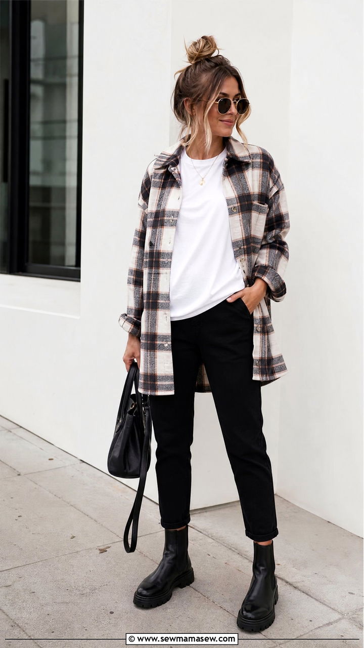 Plaid Shirt Tied Over A White Tee And Black Pants - 25 Maternity outfit ideas hiding bump