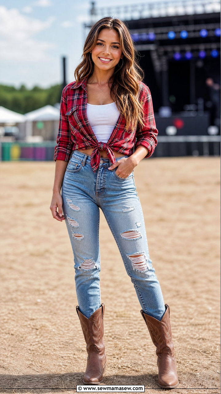 Plaid Shirt Tied at Waist with High Waisted Distressed Jeans - 30 Country concert outfit ideas petite