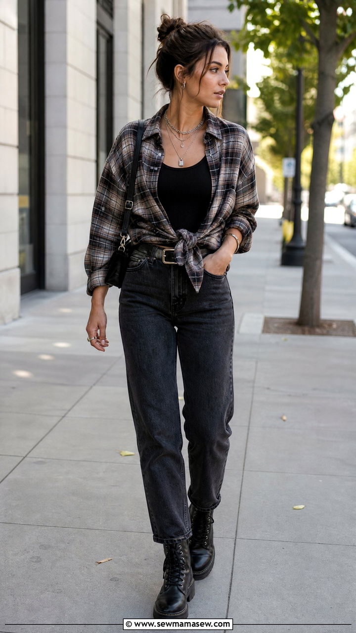 Plaid Shirt Tied at the Waist and Dark Wash Jeans - 25 classy grunge outfits