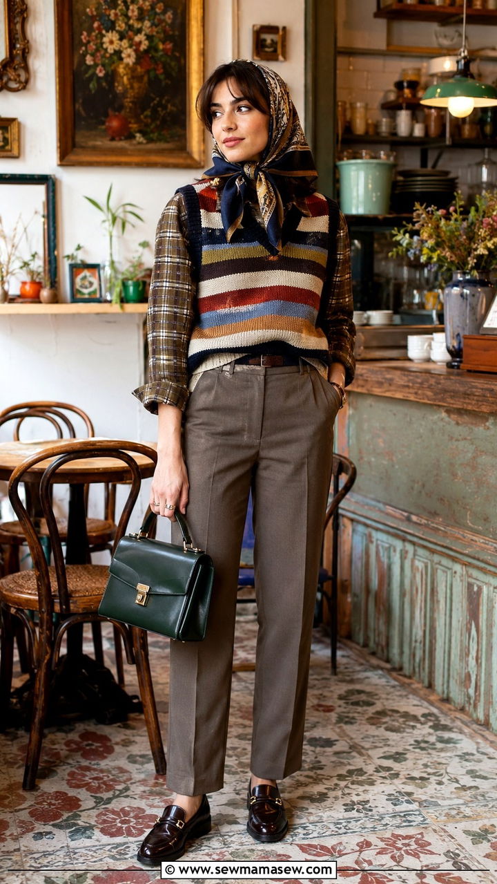 Plaid Shirt With A Striped Sweater Vest And Straight Trousers - 30 casual maximalist outfits