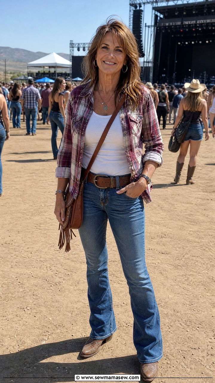 Plaid Shirt With Bootcut Jeans Concert Outfit - 30 Concert outfit ideas for women over 50