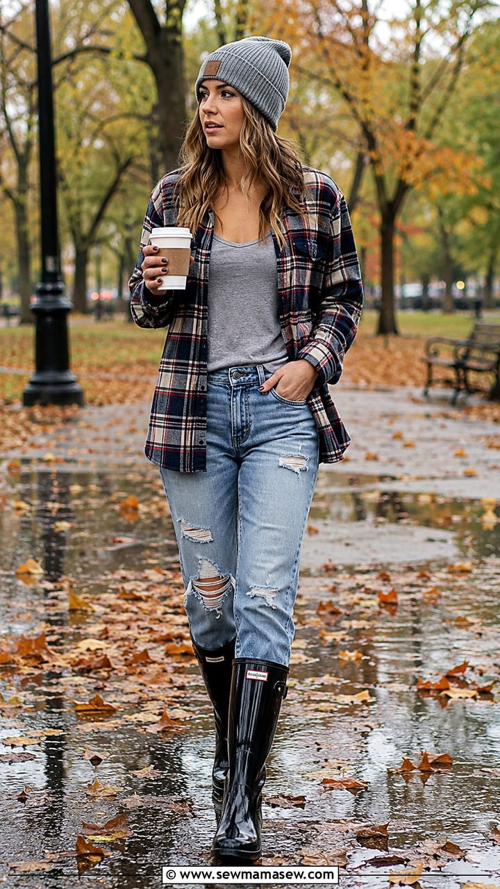 Plaid Shirt With Distressed Jeans And Rain Boots - 30 Rainy day casual outfit ideas