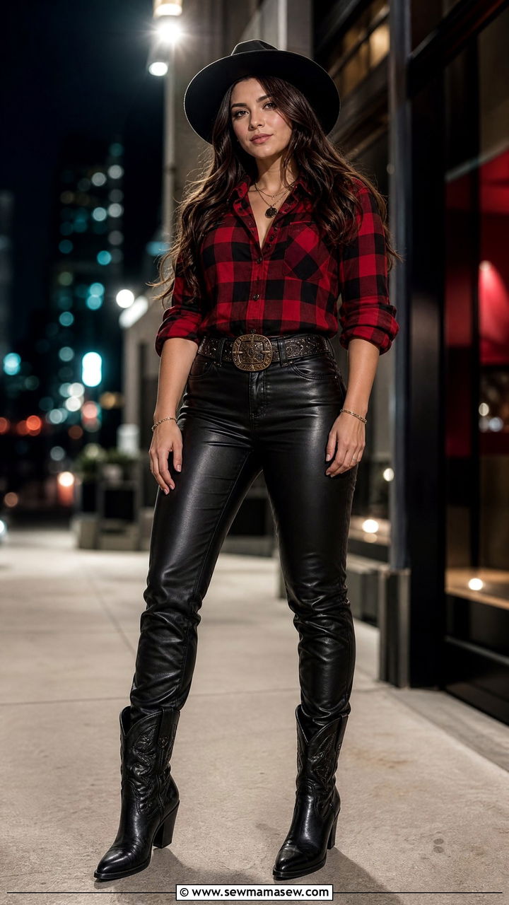 Plaid Shirt With Leather Pants And Western Belt - 25 Western outfit ideas Beyonce Cowboy Carter
