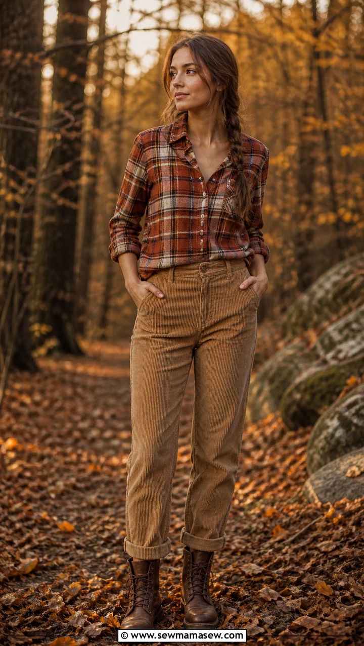 Plaid Shirt and Corduroy Pants Solo Photoshoot Outfit - 30 Solo photoshoot outfit ideas