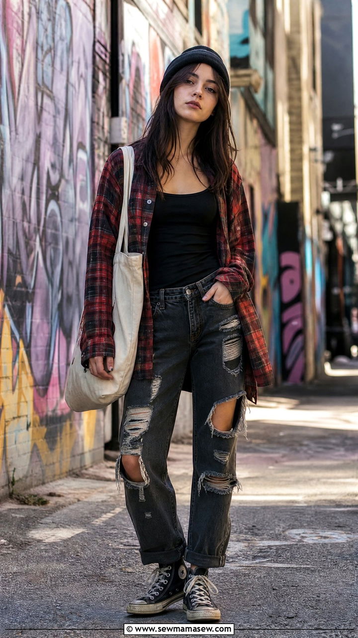 Plaid Shirt and Distressed Denim Outfit - 30 streetwear outfits inspo