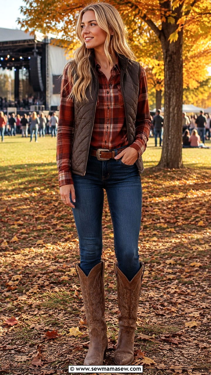 Plaid Shirt and Skinny Jeans with Cowboy Boots - 25 seasonal country concert outfit ideas